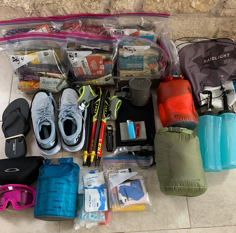 Marathon Des Sables backpack flatlay